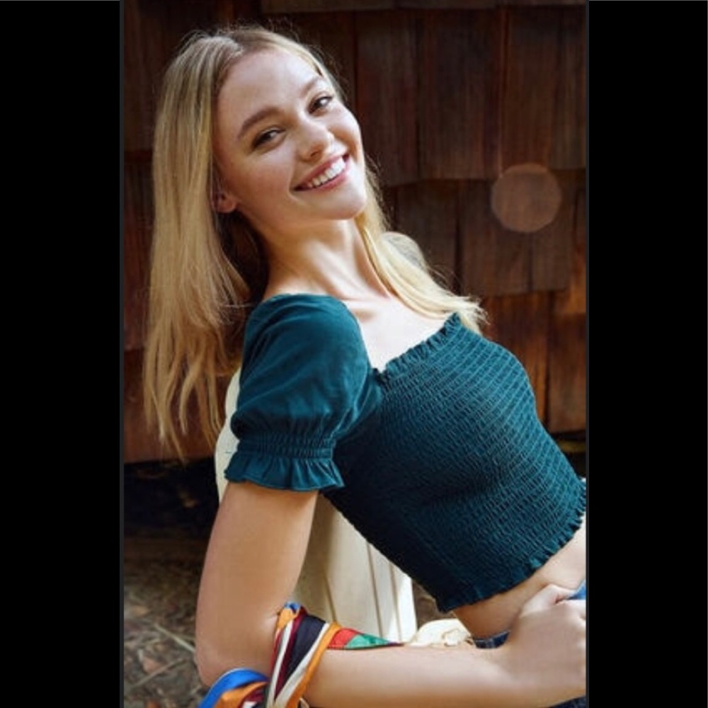 Pacsun Green Ruffle Crop Square Neck Smocked Top Cropped